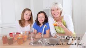  Presentation with apricot - Beautiful PPT theme featuring senior woman making apricot jam with grandkids backdrop and a coral colored foreground