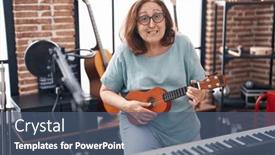  Presentation with ukulele - Theme enhanced with senior-woman-musician-smiling-confident background and a ocean colored foreground