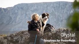  Presentation with social distancing - PPT theme featuring senior-woman-on-mountain-dog background and a dark gray colored foreground