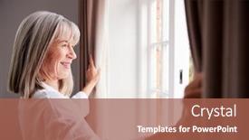  Presentation with curtains - Beautiful presentation theme featuring trou de serrure - senior woman opening bedroom curtains backdrop and a red colored foreground