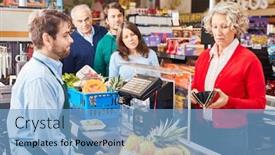  Presentation with supermarket - Amazing PPT theme having senior-woman-paying backdrop and a light blue colored foreground