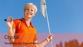  Presentation with retirement golf - Audience pleasing PPT theme consisting of senior woman playing golf holding backdrop and a red colored foreground