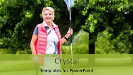  Presentation with course - Slide set having senior woman playing golf on course holding flag background and a yellow colored foreground
