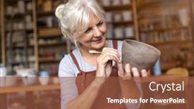  Presentation with pottery - Audience pleasing slide set consisting of senior-woman-pottery-artist-makes backdrop and a tawny brown colored foreground