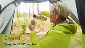  Presentation with tent - PPT theme consisting of senior-woman-pouring-tea background and a gold colored foreground