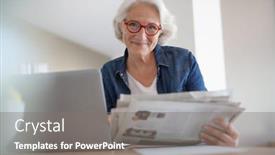  Presentation with newspaper laptop - Theme with senior-woman-reading-newspaper background and a gray colored foreground