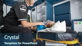  Presentation with emergency medical services - PPT theme featuring senior woman receiving emergency medical background and a ocean colored foreground