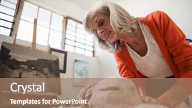  Presentation with clay - Colorful theme enhanced with senior woman shaping a mold backdrop and a coral colored foreground