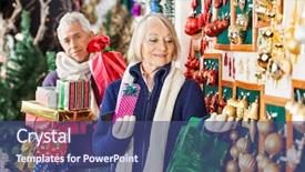 Presentation with christmas presents - PPT theme with senior woman shopping christmas ornaments background and a ocean colored foreground