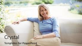  Presentation with senior living - Colorful PPT layouts enhanced with senior woman sitting on sofa backdrop and a mint green colored foreground