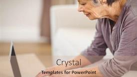  Presentation with senior living - Audience pleasing PPT layouts consisting of senior woman sitting on sofa and using laptop in living room backdrop and a coral colored foreground