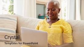  Presentation with communication - Beautiful theme featuring senior woman sitting on sofa backdrop and a coral colored foreground