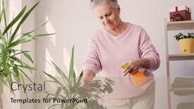  Presentation with home gardening - PPT theme featuring senior-woman-spraying-houseplants background and a coral colored foreground