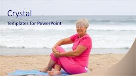  Presentation with stretch - PPT theme enhanced with senior woman stretch on beach while sitting on mat background and a sky blue colored foreground