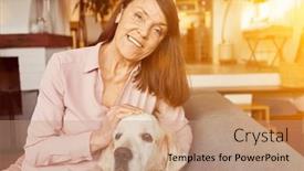  Presentation with animal therapy - PPT theme with senior-woman-stroking-retriever-dog background and a coral colored foreground