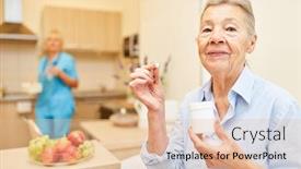  Presentation with senior citizen - Slide set having senior woman takes medication in supervised senior citizen home with caregiver background and a lemonade colored foreground