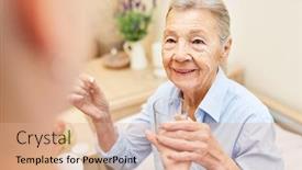  Presentation with assisted living - Slide set with senior-woman-takes-tablet background and a coral colored foreground