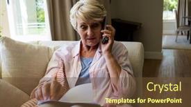  Presentation with senior living - Amazing slide set having senior woman talking on mobile phone while checking a document in living room at home backdrop and a tawny brown colored foreground