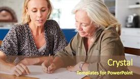  Presentation with complete - Audience pleasing PPT theme consisting of senior woman to complete last backdrop and a tawny brown colored foreground