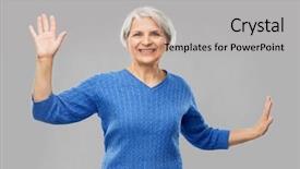  Presentation with augmented reality - Cool new presentation theme with senior woman touching something imaginary backdrop and a light gray colored foreground