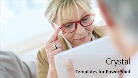  Presentation with new born follow up - Presentation featuring senior woman trying new eyeglasses background and a soft green colored foreground