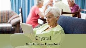  Presentation with retirement - Amazing slides having senior woman using a tablet in a retirement home backdrop and a mint green colored foreground