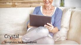  Presentation with using digital tablet - Slide deck having senior woman using digital tablet background and a soft green colored foreground