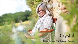  Presentation with home garden - Theme having senior woman using digital tablet in home garden background and a mint green colored foreground