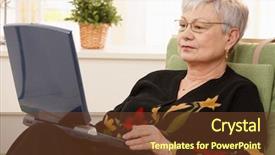  Presentation with elderly home - Theme enhanced with senior woman using laptop computer background and a tawny brown colored foreground
