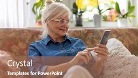  Presentation with mobile home - Slide set enhanced with senior-woman-using-mobile-phone background and a coral colored foreground