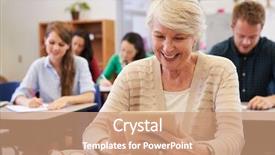  Presentation with adult education - Audience pleasing PPT layouts consisting of senior woman using tablet computer at adult education class backdrop and a coral colored foreground