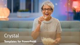  Presentation with popcorn - PPT layouts featuring senior-woman-watching-tv background and a coral colored foreground