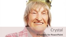  Presentation with funky - Presentation design consisting of senior woman wearing crown doing funky action isolated on white background background and a soft green colored foreground
