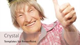  Presentation with funky - Presentation having senior woman wearing crown doing funky action isolated on white background background and a coral colored foreground