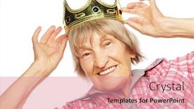  Presentation with funky - Slide set featuring senior woman wearing crown doing funky action isolated on white background background and a coral colored foreground