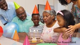  Presentation with retirement party - Slide set featuring senior-woman-wearing-party-hat background and a coral colored foreground