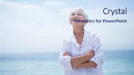  Presentation with woman in sea - Amazing PPT layouts having senior woman with arms cross backdrop and a sky blue colored foreground