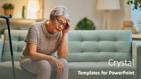  Presentation with cane - PPT theme enhanced with senior-woman-with-cane-poor background and a gray colored foreground