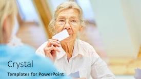  Presentation with dementia - Presentation theme with senior woman with dementia plays cards with caregiver in nursing home or at home background and a light blue colored foreground