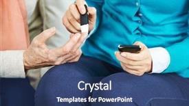  Presentation with blood test - Slides enhanced with senior woman with diabetes mellitus background and a ocean colored foreground