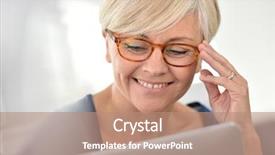  Presentation with browsing security - PPT theme consisting of senior woman with eyeglasses browsing on digital tablet background and a coral colored foreground
