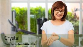  Presentation with old people - Slide deck with senior woman with fitness tracker background and a violet colored foreground