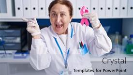  Presentation with pink ribbon - Theme having senior-woman-with-glasses-working background and a light blue colored foreground