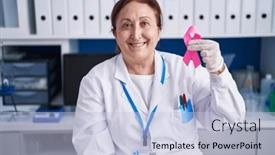  Presentation with pink ribbon - Slide deck consisting of senior-woman-with-glasses-working background and a light blue colored foreground