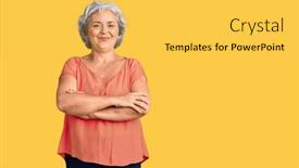  Presentation with tshirt - Amazing PPT theme having senior-woman-with-gray-hair backdrop and a yellow colored foreground