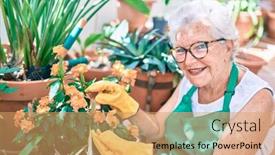  Presentation with apron gardening - Presentation design featuring senior-woman-with-grey-hair background and a coral colored foreground