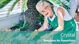  Presentation with apron gardening - Amazing PPT theme having senior-woman-with-grey-hair backdrop and a teal colored foreground