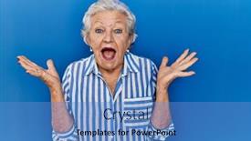  Presentation with blue eyes - Slide set having senior-woman-with-grey-hair background and a teal colored foreground