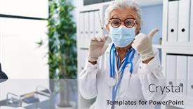  Presentation with medical sign - PPT theme enhanced with senior-woman-with-grey-hair background and a light blue colored foreground