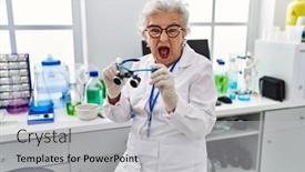  Presentation with mad scientist - Slide deck with senior-woman-with-grey-hair background and a light gray colored foreground